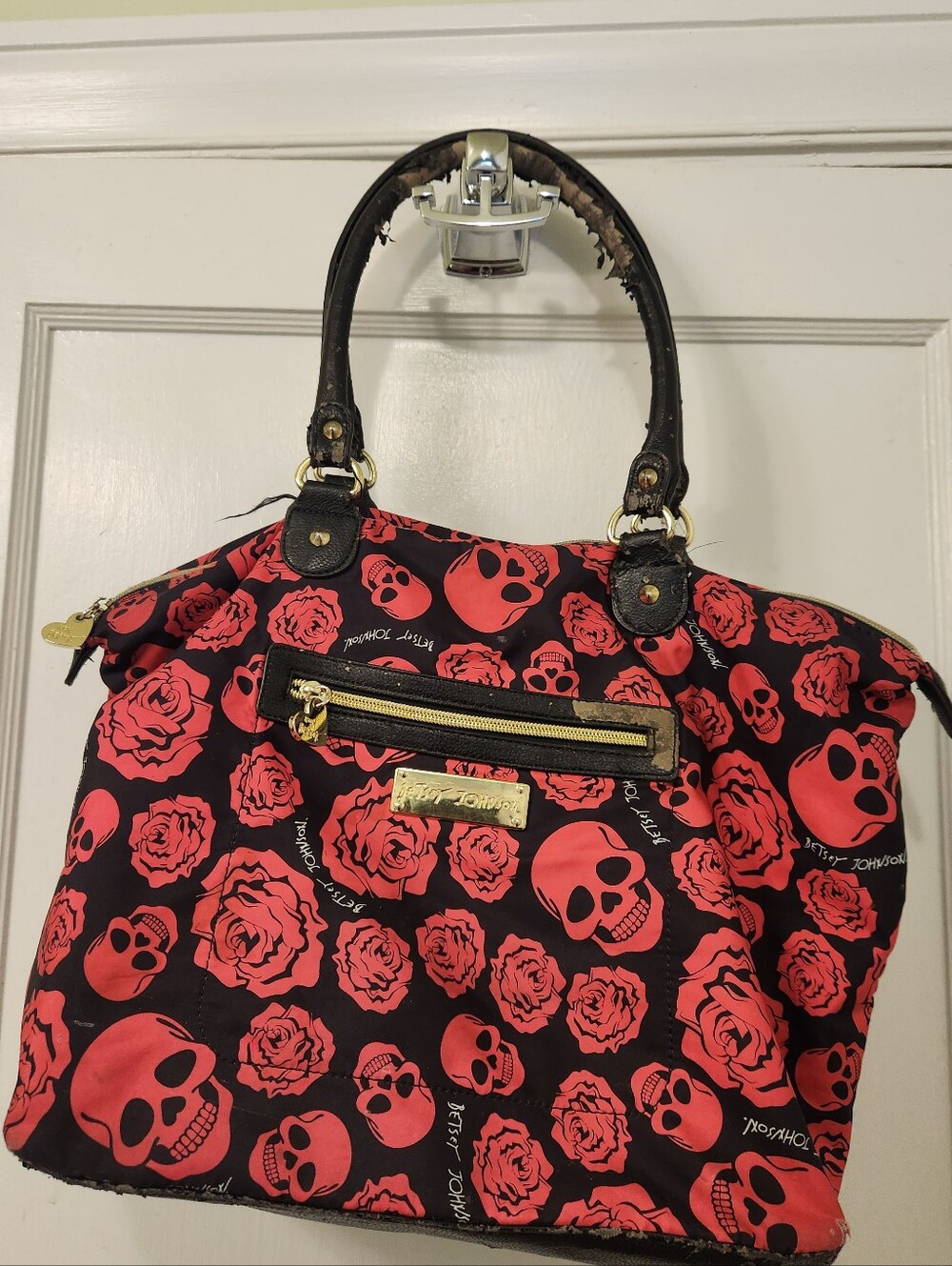 Betsey Johnson Black Tote with Red Skull & Rose Print